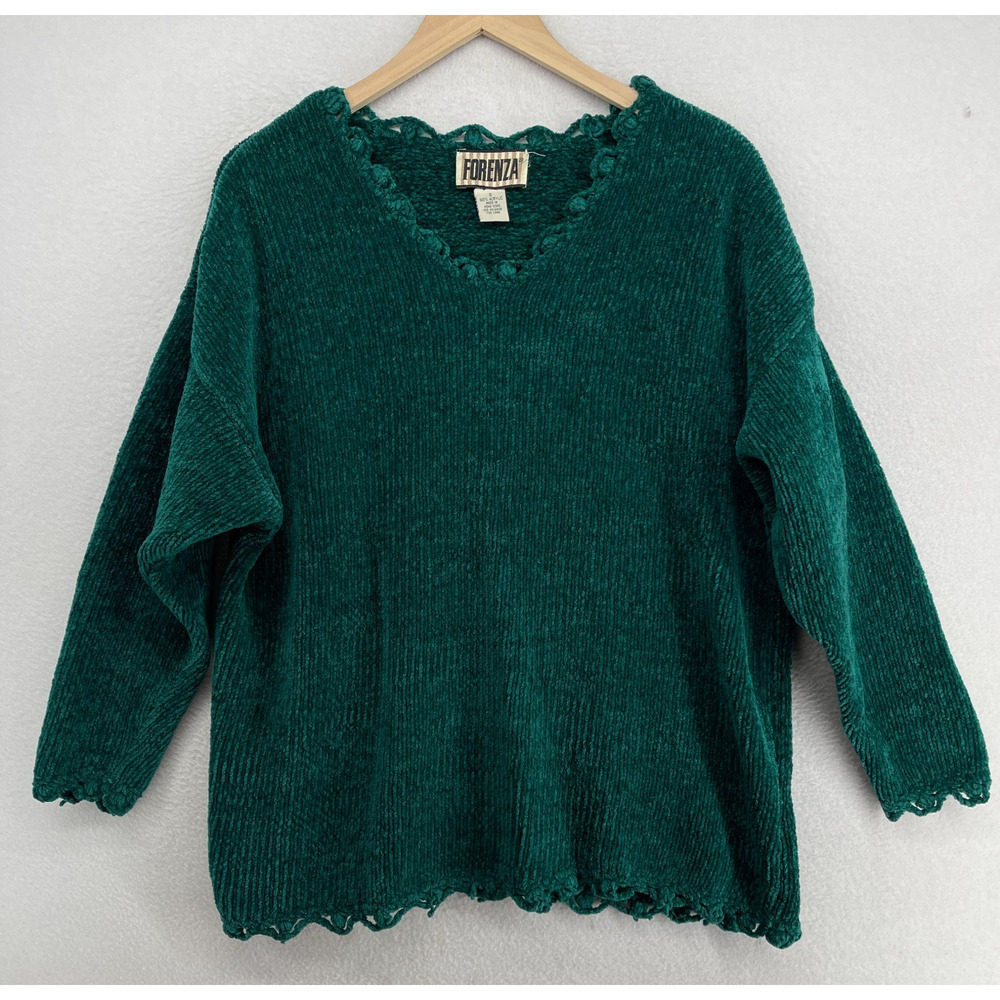 FORENZA Sweater S Chenille Tunic Oversized Lace Trim Pullover Green VTG 80s HK